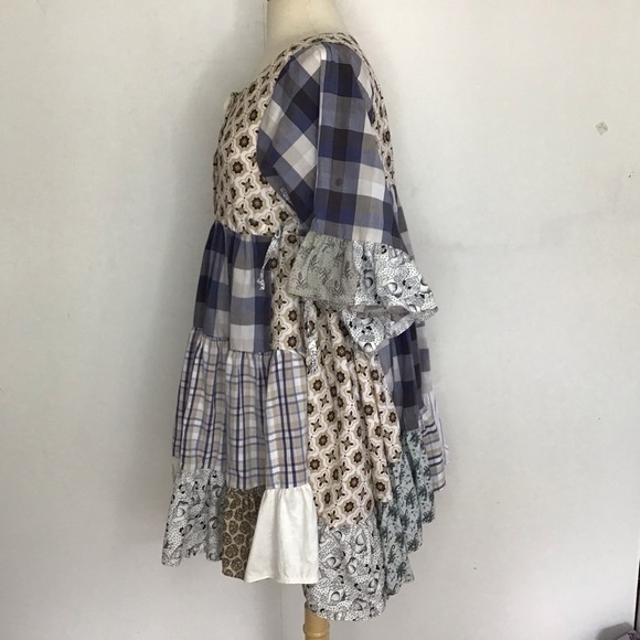 Patchwork upcycled, babydoll, ruffled sleeve, boho mini dress size inclu… - Picture 4 of 8